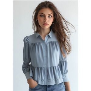 & Other Stories Button Up Blouse Tiered Scallop Hem Long Sleeve Gray Size Small